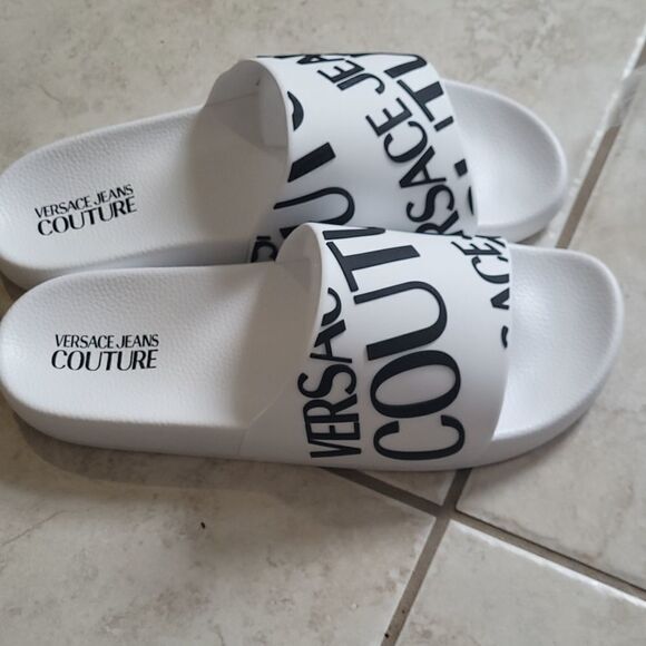 Versace MEN'S SUMMER LOGO POOL SLIDES NEW 10 WHITE AND BLACK - Picture 4 of 4